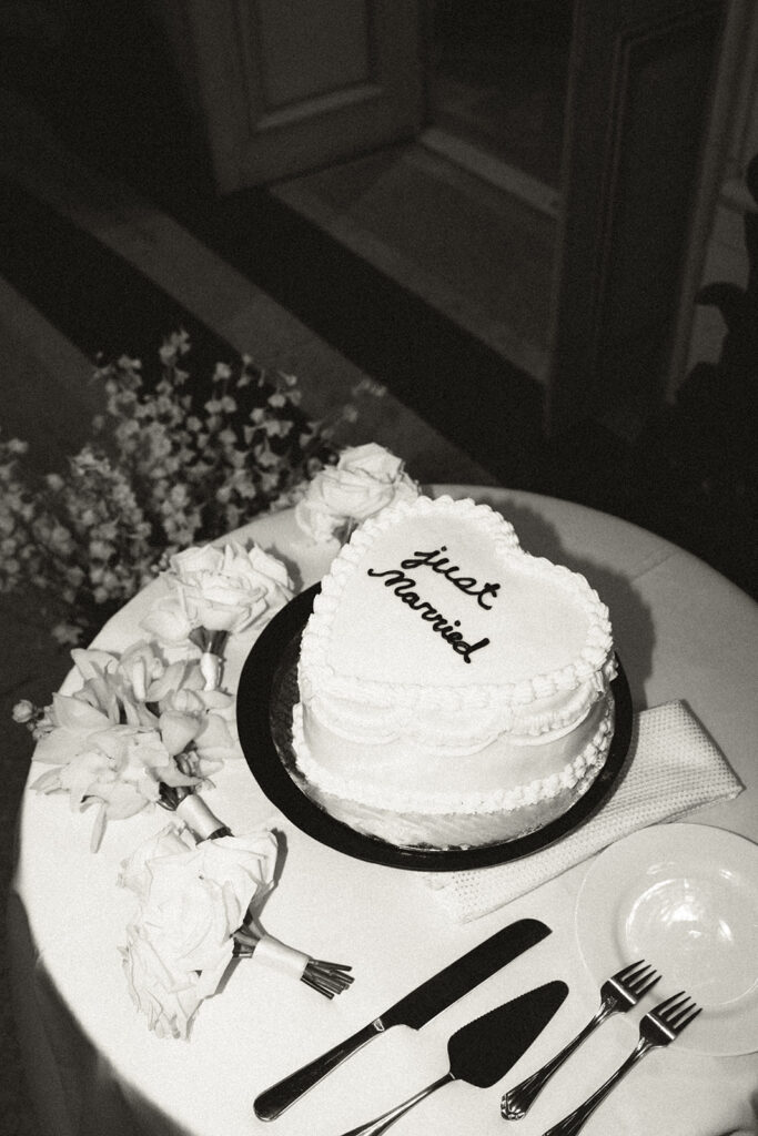 black and white photo of a wedding cake